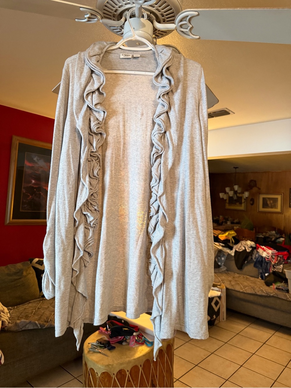 Cato Light Gray Ruffle-Trim Open Front Cardigan